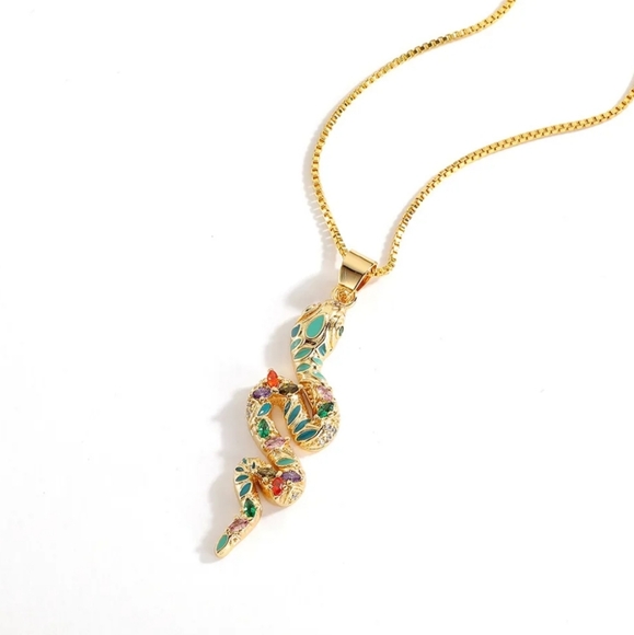 Enamel Snake with Rhinestones Gold tone Necklace - Picture 3 of 15